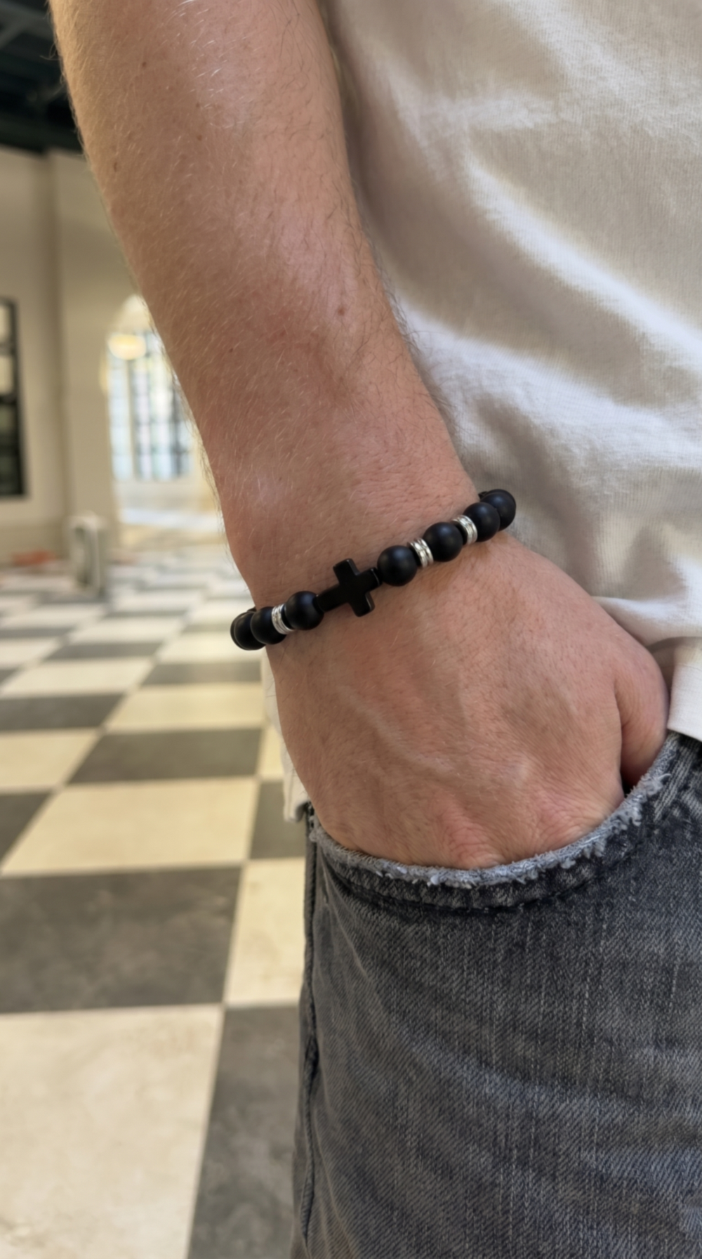 Obsidian Devotion Cross Bracelet